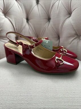 a new day Red Patent Slingback Block Heel with Gold Buckle Detail